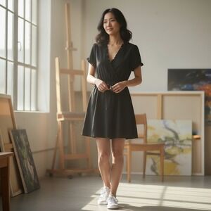 Converse One Star Black Short Sleeve Wrap Dress Ruffle Trim Tie Waist Edgy M